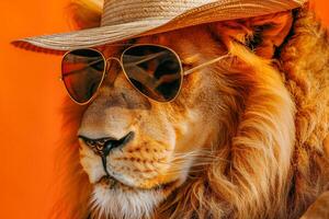 Lion in sunglasses and hat on orange background, safari research concept photo