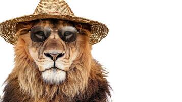 Lion with hat and sunglasses, on a white background, for safari travel advertising, text space photo