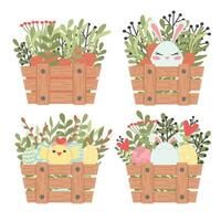 Set of cute Easter design elements. A box with flowers, colored eggs, rabbits and chickens. Easy to change color. vector
