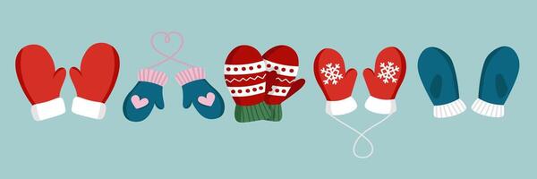 A set of doodle warm mittens with a pattern for decoration, design of cards, invitations vector