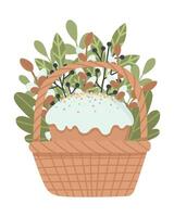 Cute postcard basket with Easter eggs and cupcake. Easy to change color. vector
