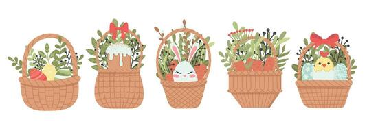 Set of cute Easter design elements. Basket with flowers and Easter eggs. Easy to change color. vector