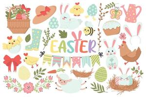 Set of cute Easter cartoon characters and design elements. Colored eggs, rabbits and chickens. Easy to change color. vector