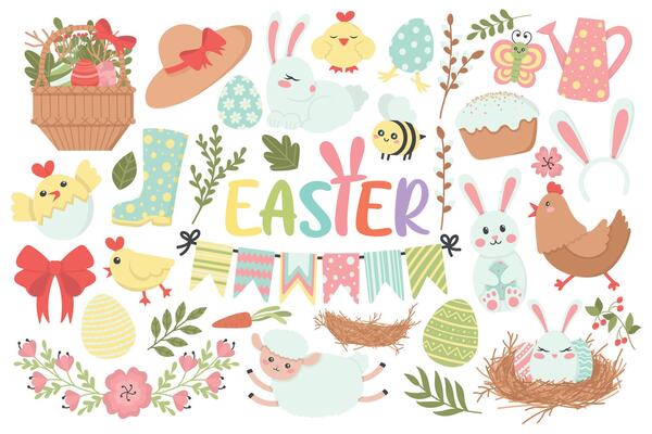 Set of cute Easter cartoon characters and design elements. Colored eggs, rabbits and chickens. Easy to change color.