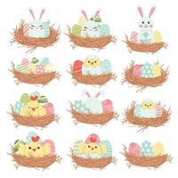 Set of cute Easter design elements. Nests with colored eggs, chickens and rabbits. Easy to change color. vector