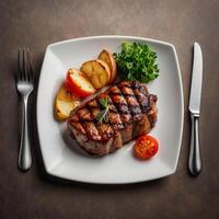 a steak and a fork are on a plate with a knife and fork. photo