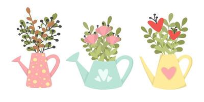 Set of cute Easter design elements. Flowers in a watering can. Easy to change color. vector