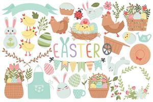 Set of cute Easter cartoon characters and design elements. Colored eggs, rabbits and chickens. Easy to change color. vector