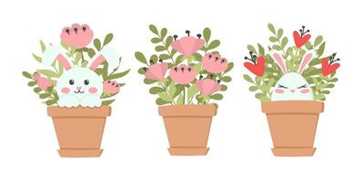 Set of cute Easter design elements. Pots with rabbits and flowers. Easy to change color. vector
