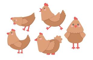 Doodle flat clipart set of cute domestic chicke, cockerel vector