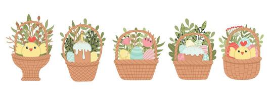 Set of cute Easter design elements. Basket with flowers and Easter eggs. Easy to change color. vector