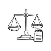 A scale balancing two weights beside a notepad vector