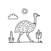 An emu walking through a grassy area with trees nearby vector