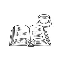 An encyclopedia open on a desk beside a cup of tea vector