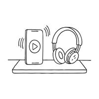Earphones placed next to a smartphone with play button screen on a desk vector