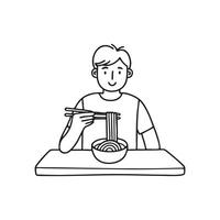 A person eating noodles with chopsticks at a small table vector
