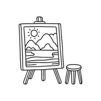 An easel holding a painting of a landscape beside a stool vector