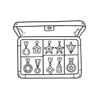 Pins, medals, and emblems arranged in a box case vector