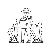 An explorer holding a map in a jungle near trees and bushes vector