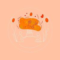 Festive illustration featuring the text Happy Birthday, and balloons, candles, and a cake on an orange background. Abstract line art style vector