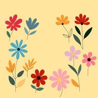 Colorful flowers and leaves on a soft yellow background, modern and abstract style. For designs spring, nature, and decoration. vector