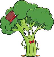 Broccoli cartoon character with a hat and bow tie vector