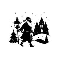 Santa Claus Walking with Lantern in a Snowy Night Scene vector
