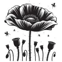 Black Silhouette of Poppie Flower Minimalist Design on White Background vector