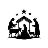 Manger Scene with Animals and Star Illuminating the Nativity vector