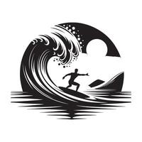 Minimalist Black Silhouette of Surfer on Wave on White Background vector