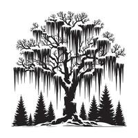Icicles and Tree Branch Silhouette Winter Artwork on White Background vector