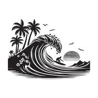 Black Silhouette of Surfer Riding Wave on White Background vector