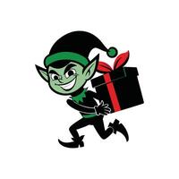 Elf Struggling with a Heavy Present and Grinning Mischievously vector