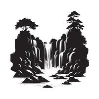 Black Silhouette of Waterfall Cascading Over Rocks on White Background vector