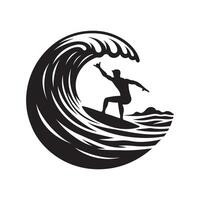 Black Silhouette of Surfer on Wave Minimalist Design on White Background vector