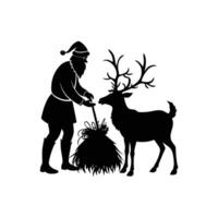 Santa Claus Feeding Reindeer in a Wintery Holiday Scene vector