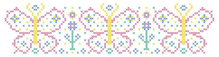 Pattern in cross stitch style with flowers and butterflies. vector