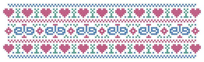 Pattern with hearts in cross stitch style on white background. vector