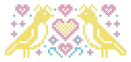 Vintage pattern with birds hearts and flowers in cross stitch style on white background. vector