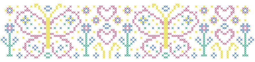 Pattern in cross stitch style with flowers, butterflies and hearts. vector