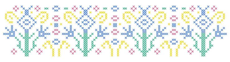 Pattern with flowers in cross stitch style on white background. vector