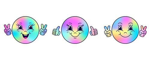 Set of iridescent emoticons in cartoon style. Line art style.Holographic colors. vector