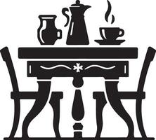 a black and white illustration of a table and chairs vector