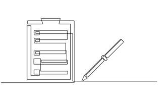 Clipboard with checklist and pen in one continuous line drawing vector