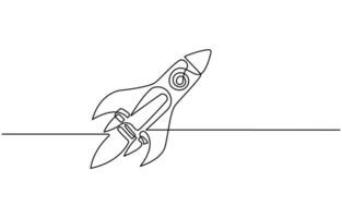One continuous line drawing of simple retro spacecraft flying vector