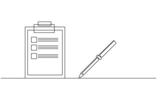 Clipboard with checklist and pen in one line drawing vector