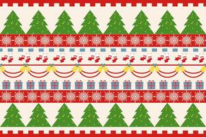 Christmas Design in a Seamless pattern with Christmas trees, gifts, socks, wrapping paper template on a festive background The concept of Christmas, New Year, Christmas Eve. vector