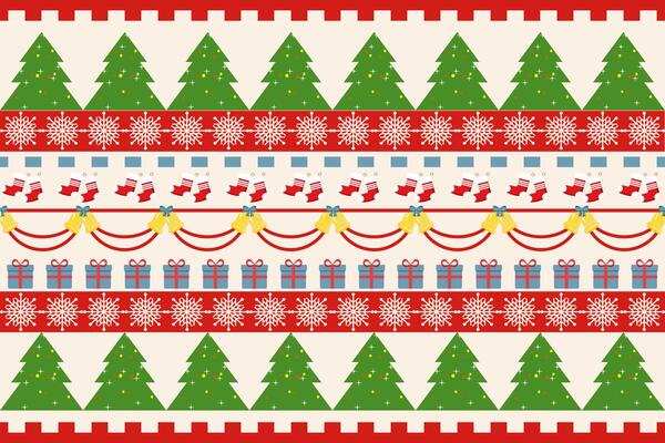 Christmas Design in a Seamless pattern with Christmas trees, gifts, socks, wrapping paper template on a festive background The concept of Christmas, New Year, Christmas Eve.