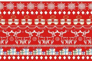 A red Christmas with a gloves, gifts, reindeers, snowflakes, seamless pattern, wrapping paper template on a festive background, The concept of Christmas, New Year, Christmas Eve. vector