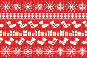 A red Christmas with a socks, gifts, snowflakes, seamless pattern, wrapping paper template on a festive background The concept of Christmas, New Year, Christmas Eve. vector